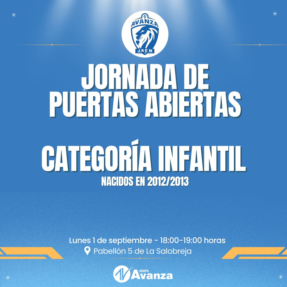 🦁 ¡Comenzamos !y queremos compartir con tod@s, la alegría de volver a la pista. Por ello, ¡Volvemos con las Jornadas de puertas abiertas! 🤩

➡️ Categoría Infantil (nacidos 2012/2013)

📆 Lunes 1 de septiembre de 18 a 19h.

🏟️ Pabellón 5 de La Salobreja

#CorazónyGarra 💙