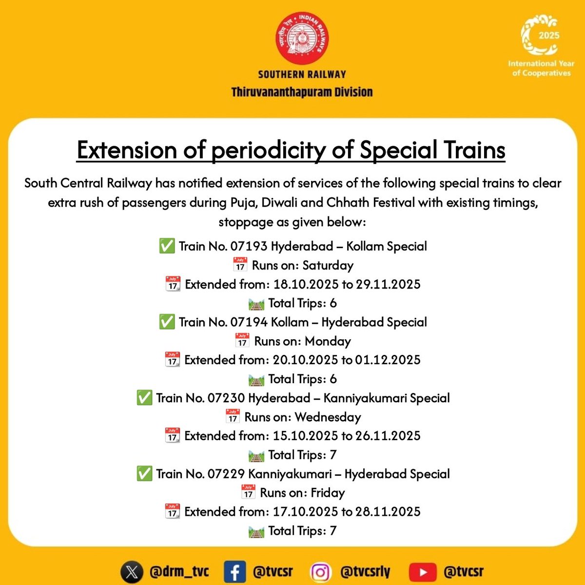 "Festive Season Travel Made Easy! 🎉✨ South Central Railway extends special train services for Puja, Diwali &amp; Chhath Festivals. More trips, more convenience – plan your journey today! 🚆
#TVCSR
