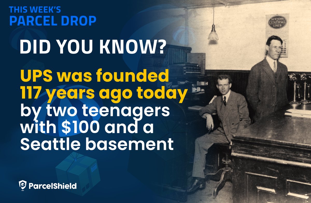 This week's Parcel Drop is here on a Thursday.

Why? Because UPS was founded 117 years ago today.

In 1907, two teenagers launched a messenger service in Seattle with a 100 dollar loan and one big idea.

That startup became UPS.

#ParcelDrop #UPS #OnThisDay