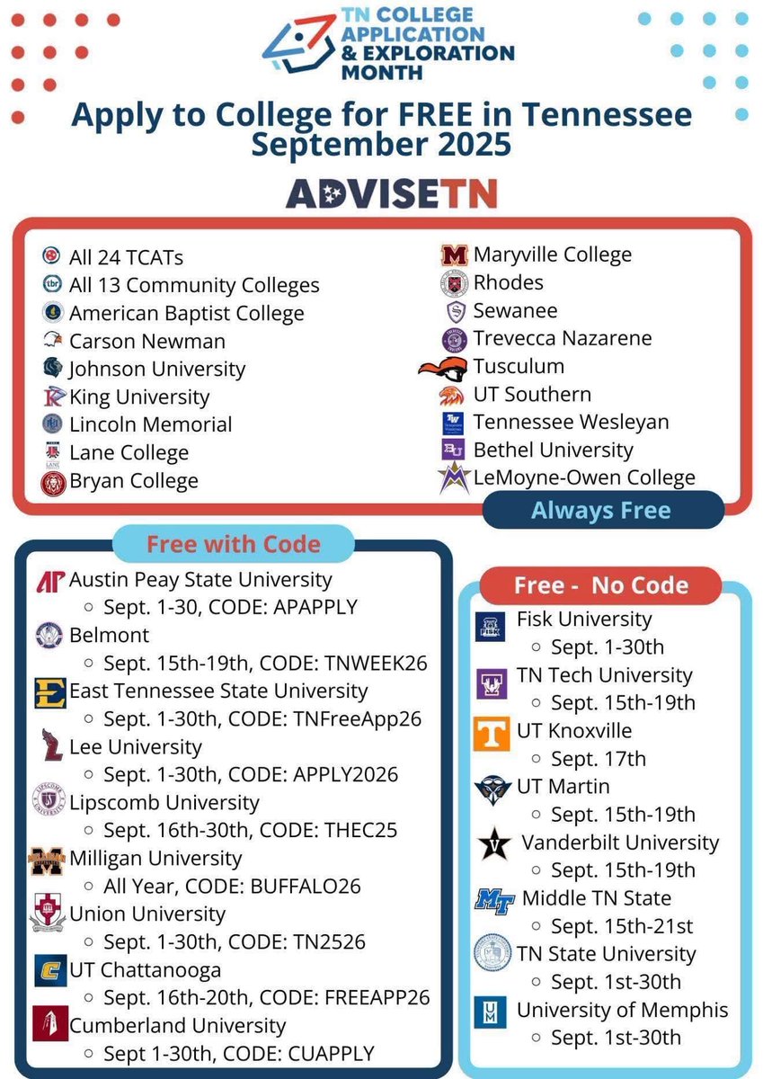 Jackson Central-Merry High School (@jcmcougars) on Twitter photo September is College App Month in TN! Seniors, check out this flyer to see which colleges have waived their app fee! See Ms Reeves if you need help! #BuiltOnLegacyDrivenByPurpose #MakingPlans #FutureSoBright <a href="/RamonicaD/">Ramonica S. Dorsey</a> <a href="/ap_baker1/">Broderick L. Baker, Ed.S.</a> <a href="/JMCSchools/">Jackson-Madison County Schools</a> September is College App Month in TN! Seniors, check out this flyer to see which colleges have waived their app fee! See Ms Reeves if you need help! #BuiltOnLegacyDrivenByPurpose #MakingPlans #FutureSoBright <a href="/RamonicaD/">Ramonica S. Dorsey</a> <a href="/ap_baker1/">Broderick L. Baker, Ed.S.</a> <a href="/JMCSchools/">Jackson-Madison County Schools</a>