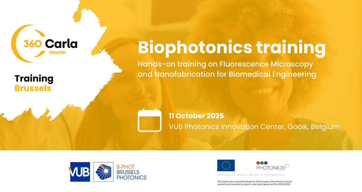 🔦 Dive into biophotonics!

Join the #360CARLA Health Training at VUB B-PHOT (Gooik) on Oct 11, 2025.

Hands-on sessions:
🔬 Fluorescence microscopy
🧬 Nanofabrication &amp; bioprinting

Info and registration: carlahub.eu/events/360-car…

#carlahub #photonics #health #STEM