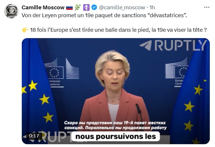 AuBonTouiteFrançais 🍾🍾🍾 (@victorsinclair3) on Twitter photo Octobre 2043
Ursula <a href="/vonderleyen/">Ursula von der Leyen</a> annonce le 743e paquet de sanctions contre la Russie.
L'UE n'ayant plus le moindre poids, ce 743e paquet de sanctions consiste à priver la Russie de notre dernière invention, à savoir le bouchon qui se détache pas de la bouteille, datant de 2022. Octobre 2043
Ursula <a href="/vonderleyen/">Ursula von der Leyen</a> annonce le 743e paquet de sanctions contre la Russie.
L'UE n'ayant plus le moindre poids, ce 743e paquet de sanctions consiste à priver la Russie de notre dernière invention, à savoir le bouchon qui se détache pas de la bouteille, datant de 2022.