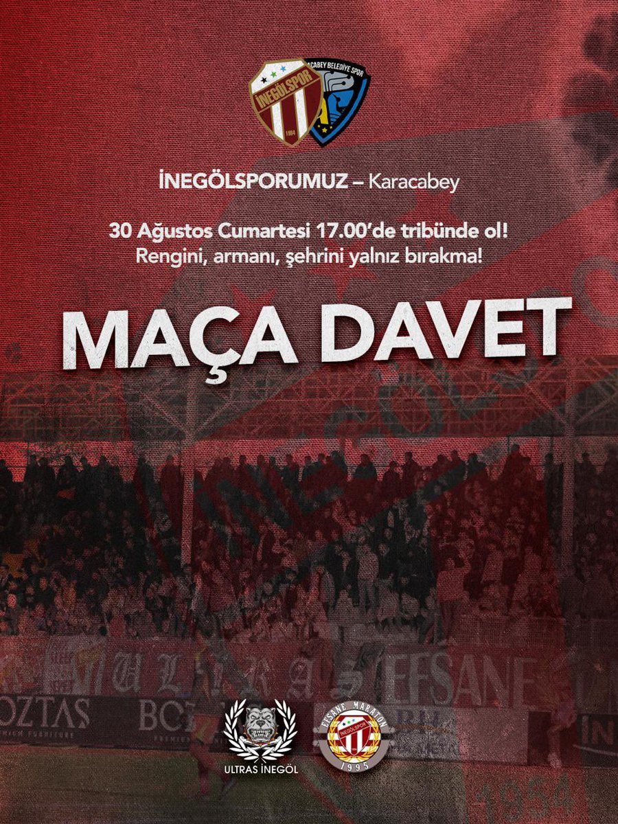 30 Ağustos Cumartesi 17.00’de tribünde ol!
Rengini, armanı, şehrini yalnız bırakma!
İNEGÖLSPORUMUZ – Karacabey

#Ultrasİnegöl