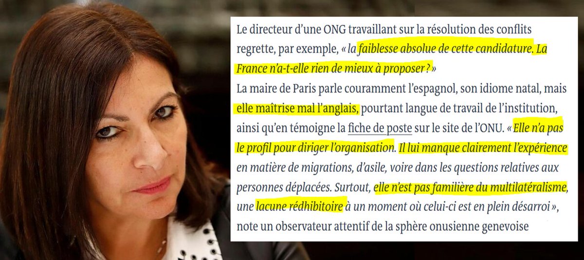 Candidature d'#AnneHidalgo à l'ONU : "faiblesse absolue de cette candidature", "pas le profil", "pas familière du multilatéralisme", "lacune rédhibitoire", "maîtrise mal l’anglais". Ils ont aussi bien cerné le personnage que les Français qui lui ont accordé un brillant 1,74%.