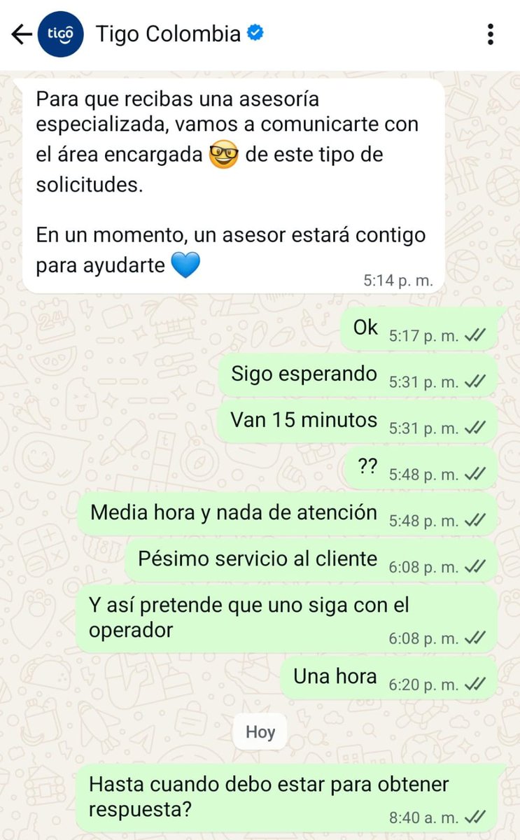 Ecardenasm1's tweet photo. Señores @Tigo_Colombia les parece justo estar esperando más de 12 horas para que un asesor se digne a dar respuesta?? Pero cuando uno llama a comprar servicios si salen vendedores hasta debajo de las piedras, hasta cuando @sicsuper con los abusos de los operadores @PGN_COL https://t.co/zigAA6Nubt