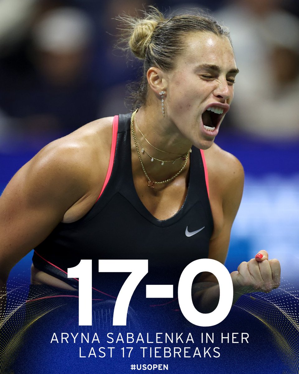 Aryna Sabalenka has elevated tiebreaks to an art form 🎨

✅ Kessler
✅ Kostyuk
✅ Kostyuk
✅ Gauff
✅ Kostyuk
✅ Zheng
✅ Swiatek
✅ Gauff
✅ Masarova
✅ Rybakina
✅ Rybakina
✅ Bouzkova
✅ Raducanu
✅ Mertens
✅ Raducanu
✅ Raducanu
✅ P. Kudermetova

17 in a row, and counting.
