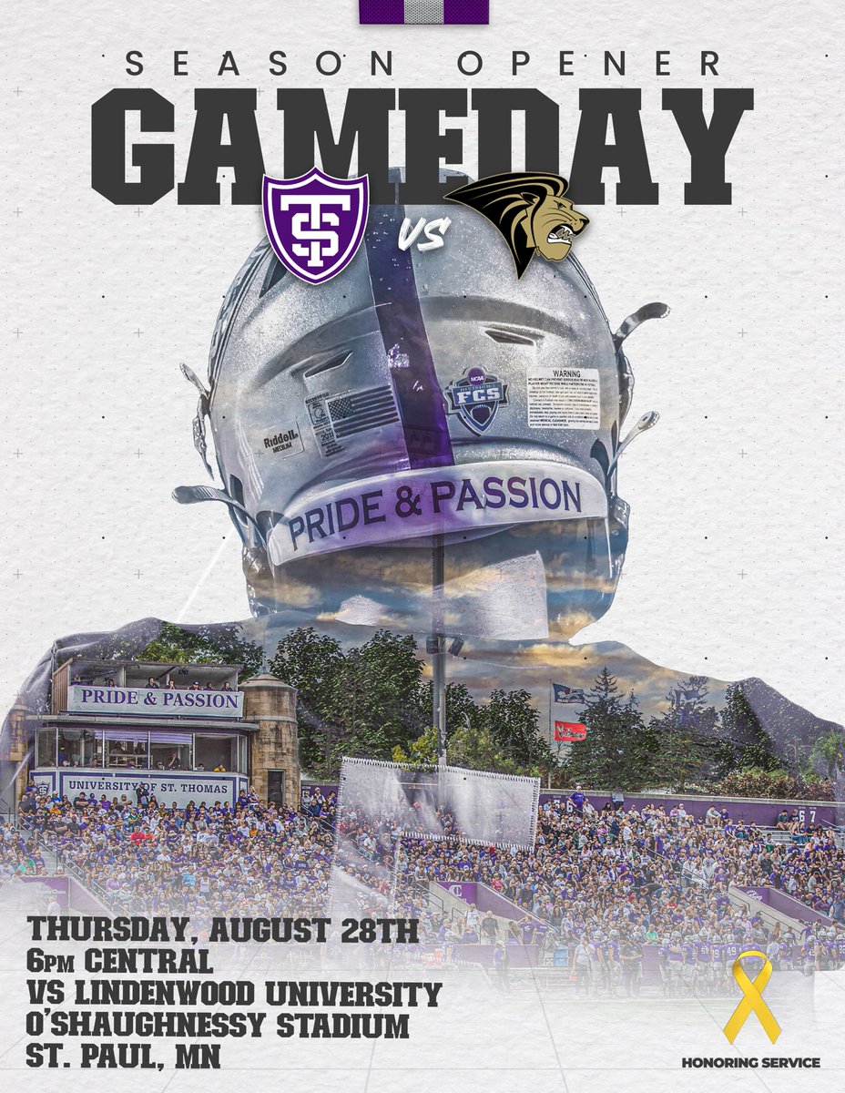 Coach Glenn Caruso (@coach_caruso) on Twitter photo 𝐆𝐀𝐌𝐄𝐃𝐀𝐘! 🟣⚪️⚫️
🚨: #OpeningDay
🏈 <a href="/UST_Football/">St. Thomas Football</a>
🆚: <a href="/LindenwoodU/">LindenwoodUniversity</a> ⚫️⚪️
📍: O'Shaughnessy Stadium
🕕: 6:00p
☀️: 74°
📺: bit.ly/3UPa80s
📊: bit.ly/3HS3GCZ
📻: bit.ly/4e43jQ2
📖: bit.ly/45DhOcj
🎟️: bit.ly/3X2muTD
: #Passion26 𝐆𝐀𝐌𝐄𝐃𝐀𝐘! 🟣⚪️⚫️
🚨: #OpeningDay
🏈 <a href="/UST_Football/">St. Thomas Football</a>
🆚: <a href="/LindenwoodU/">LindenwoodUniversity</a> ⚫️⚪️
📍: O'Shaughnessy Stadium
🕕: 6:00p
☀️: 74°
📺: bit.ly/3UPa80s
📊: bit.ly/3HS3GCZ
📻: bit.ly/4e43jQ2
📖: bit.ly/45DhOcj
🎟️: bit.ly/3X2muTD
: #Passion26