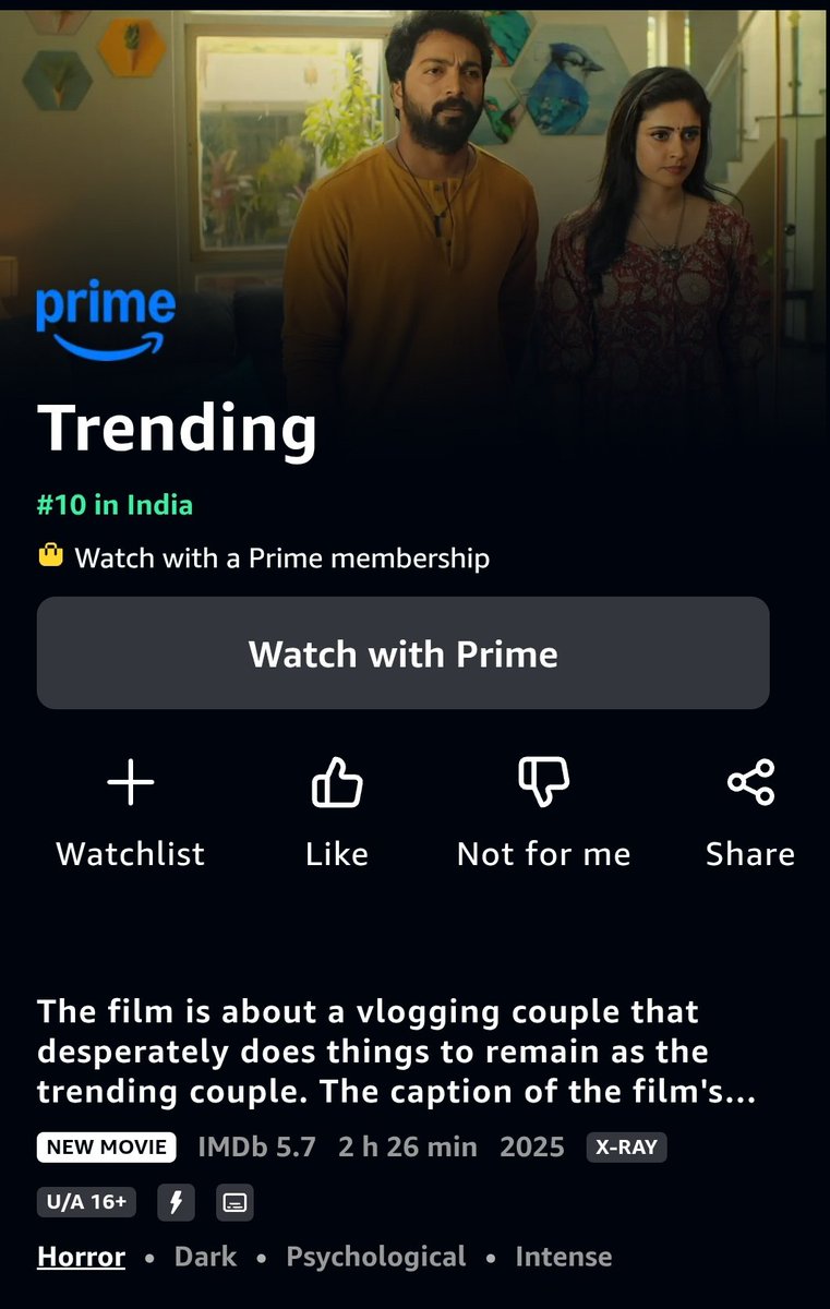 A gripping thriller climbing the charts – #Trending #TrendingMovie takes 10th place in India on <a href="/PrimeVideoIN/">prime video IN</a> ✨

🔗 primevideo.com/detail/0Q3ZBX6…

<a href="/KalaiActor/">Kalaiyarasan</a> <a href="/Priyalaya_ubd/">Priyalaya</a> <a href="/RAMFILMFACTORY/">RAM FILM FACTORY</a> #BarefootProduction <a href="/5starsenthilk/">Fivestar Senthil</a> <a href="/SamCSmusic/">𝐒𝐀𝐌 𝐂 𝐒</a> <a href="/ShivarajNagaraj/">Shivaraj Nagaraj</a>