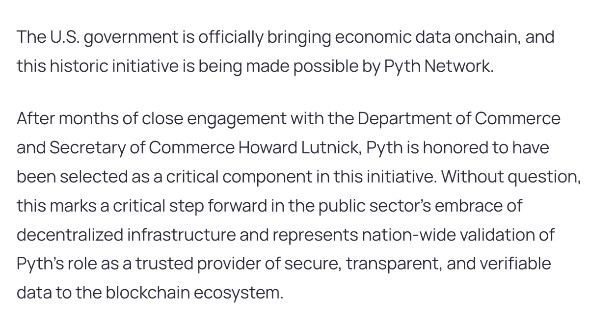 DegenerateNews's tweet image. BREAKING: PYTH NETWORK SELECTED BY U.S. DEPARTMENT OF COMMERCE TO VERIFY AND DISTRIBUTE ECONOMIC DATA ONCHAIN