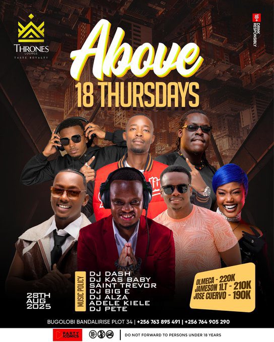 Mushrm (@mushroominc) on Twitter photo It’s Above 18 Thursdays at <a href="/throneskampala/">throneskampala</a> tonight with <a href="/saint_trevor_/">ariho_collins_trevor</a> & <a href="/ItsAdele22/">Adele_kiele🇹🇿🇺🇬</a> hyping the crowd, while <a href="/djKasBaby/">Kas 😎</a>, <a href="/deejay_alza/">DJ Alza</a>, <a href="/DJ_DashUG/">DJ Dash</a>, <a href="/Deejaybige1/">Deejay Big E</a>, and <a href="/kagzpete/">deejaypete</a> spin the decks. It’s Above 18 Thursdays at <a href="/throneskampala/">throneskampala</a> tonight with <a href="/saint_trevor_/">ariho_collins_trevor</a> & <a href="/ItsAdele22/">Adele_kiele🇹🇿🇺🇬</a> hyping the crowd, while <a href="/djKasBaby/">Kas 😎</a>, <a href="/deejay_alza/">DJ Alza</a>, <a href="/DJ_DashUG/">DJ Dash</a>, <a href="/Deejaybige1/">Deejay Big E</a>, and <a href="/kagzpete/">deejaypete</a> spin the decks.