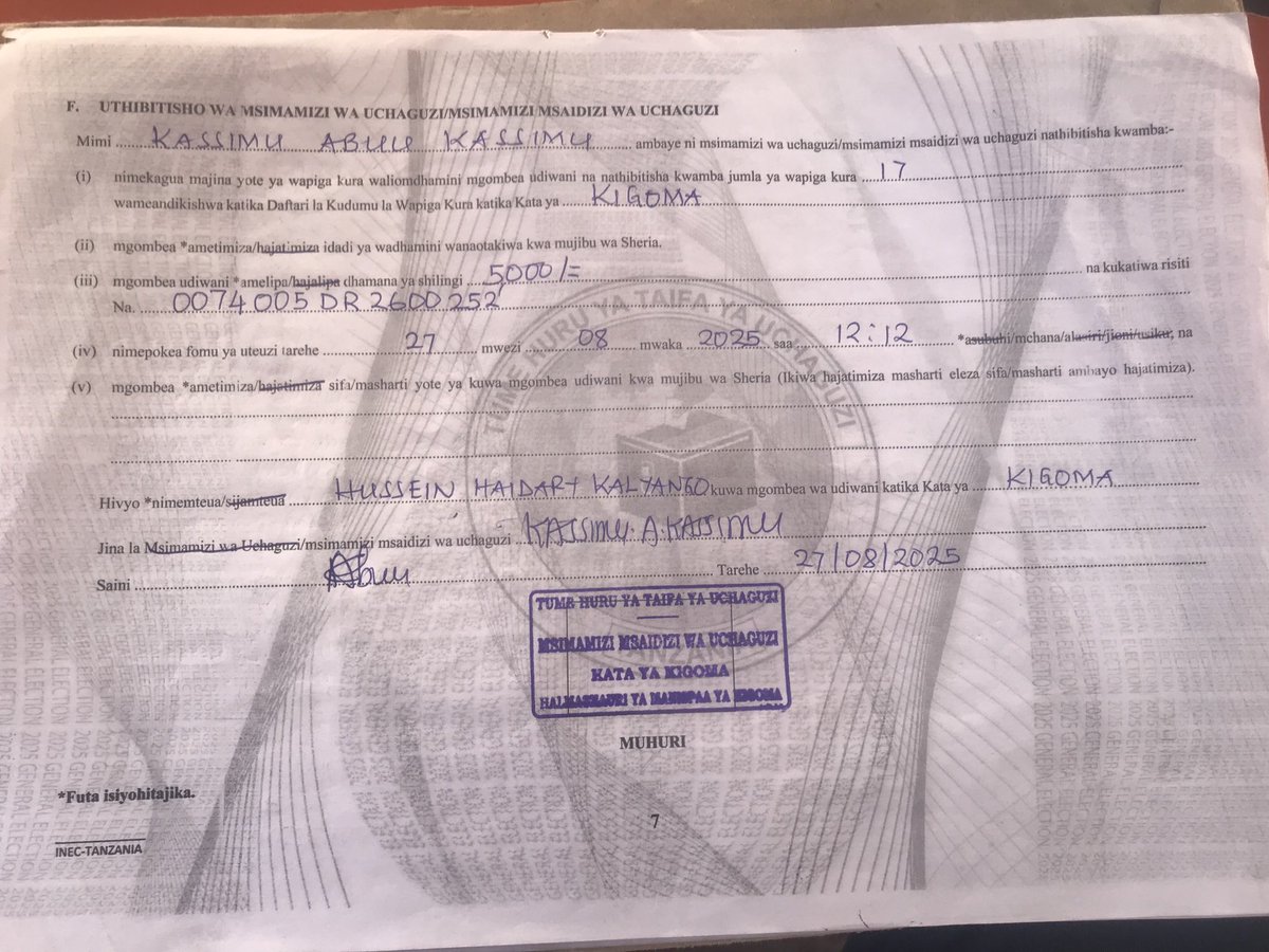 kaliyango's tweet photo. Leo MAPEMA SANA, Msimamizi wa Uchaguzi Kata ya KIGOMA, AMENITEUA kuwa mgombea UDIWANI kata ya kigoma kupitia Chama Cha ACT WAZALENDO. Twendeni tukapige kura,Twendeni tukachague Zitto kabwe na Kalyango, tarehe 29 Oktoba 2025.

#ChaguaKalyango2025
#ChaguaZittokabwe2025 https://t.co/MLNhgVtGmr