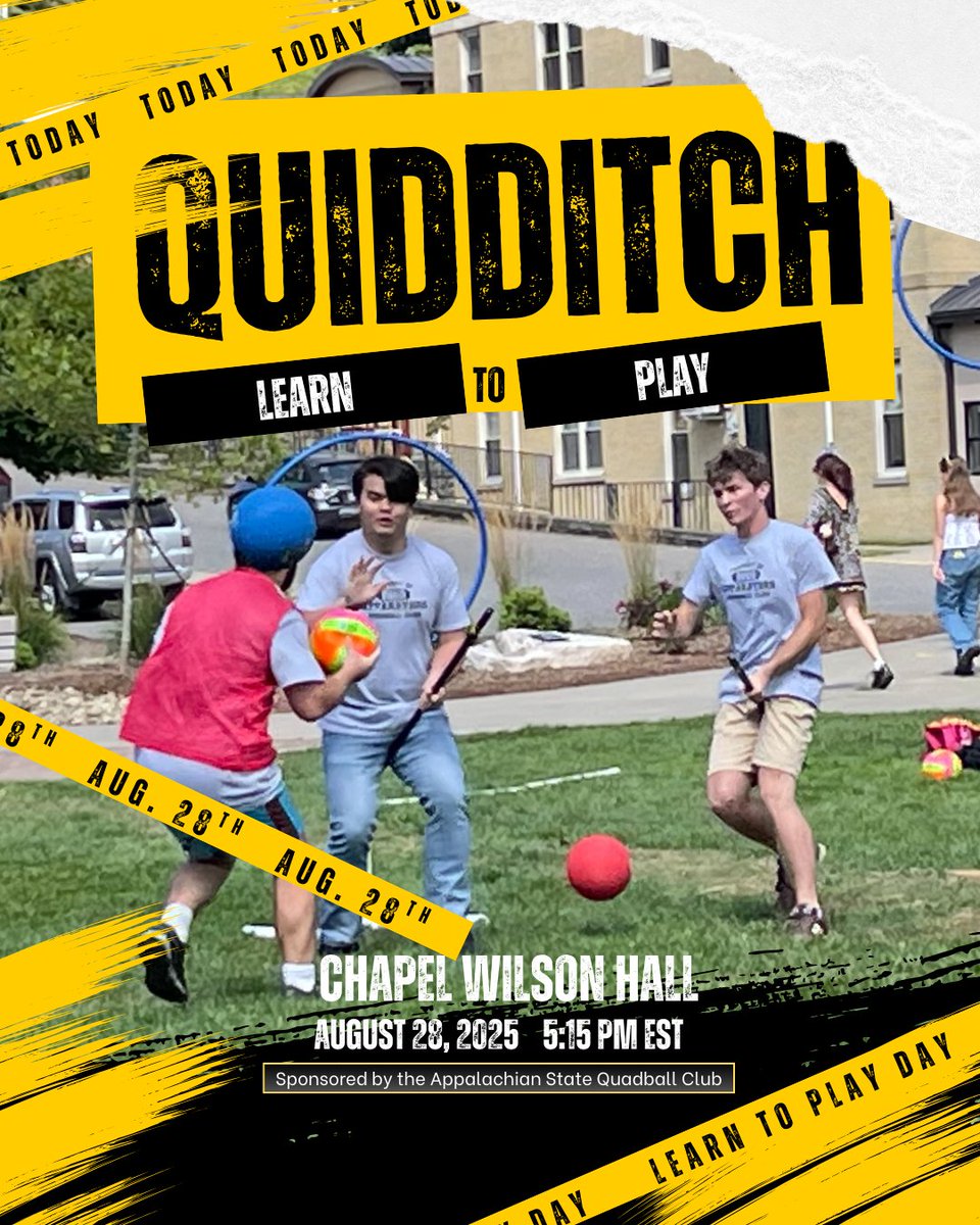Today is the Day!! LEARN TO PLAY QUIDDITCH with the Appalachian State Quadball Club.  5:15pm at the Chapel Wilson Hall Pitch.  Bring running shoes and water!!
