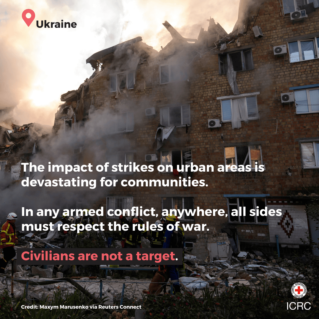 ICRC's tweet photo. 📍 Ukraine | Another night of strikes. Another night of destruction and lives lost.
 
But no matter who, no matter where, the law is clear: civilians must be respected and protected. https://t.co/4dtnlyyQJL
