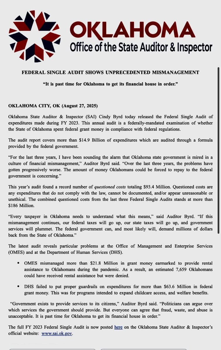 "Every taxpayer in Oklahoma needs to understand what this means”

✅questioned costs from the last 3 audits &gt;$186 Million
✅OMES mismanaged &gt;$21.8 Million causing an est 7,659 renters to be denied assistance 
✅DHS mismanaged $63.6 Million
✅both agency heads appointed by stitt
