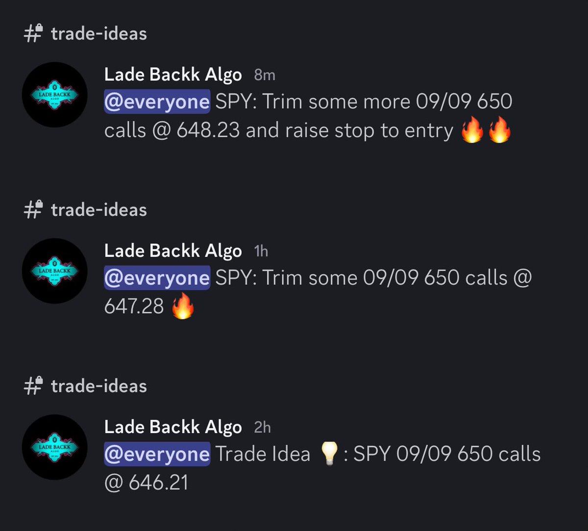 LadeBackkAlgo's tweet image. We added an $ES_F trade ideas bot along with our $SPY version, both absolutely killing it today 🎯