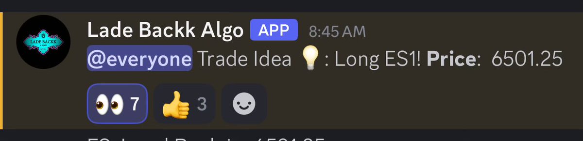 LadeBackkAlgo's tweet image. We added an $ES_F trade ideas bot along with our $SPY version, both absolutely killing it today 🎯