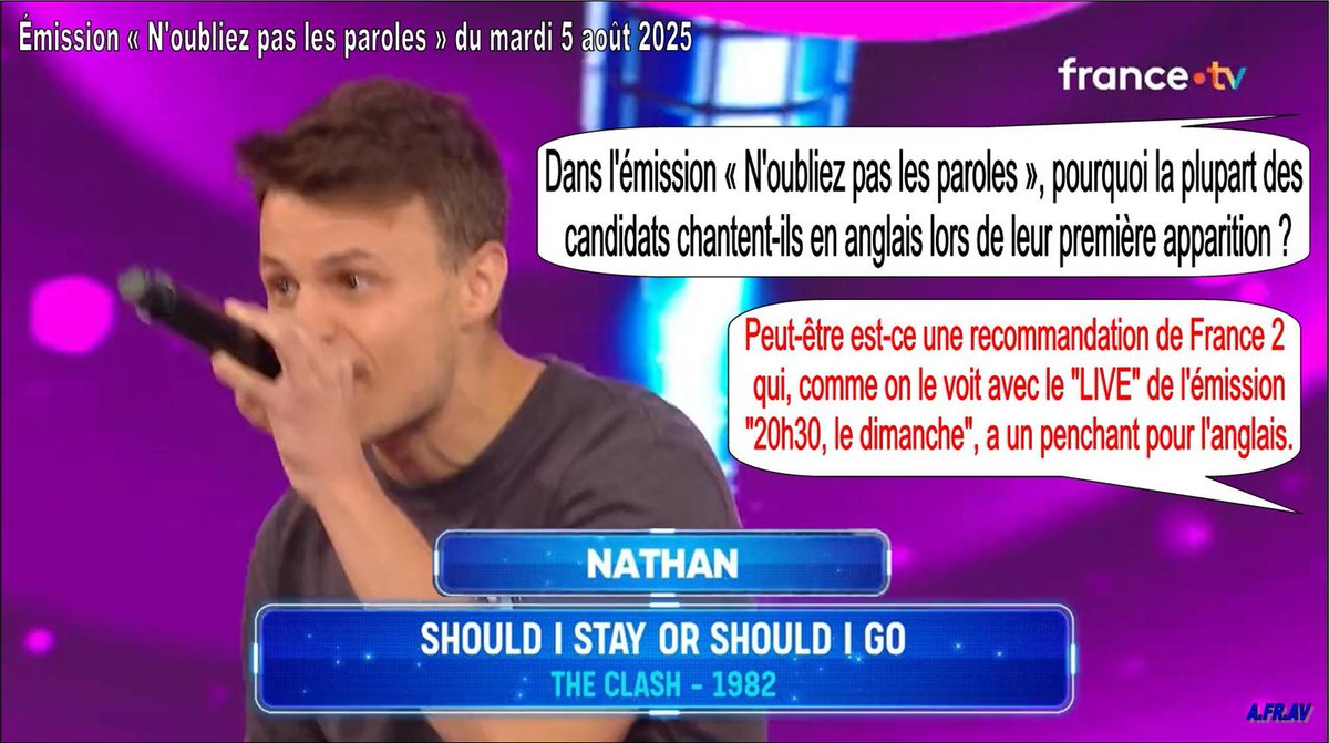 C'est bizarre tous ces candidats qui chantent en anglais lors de leur première apparition !  
CC : <a href="/Nagui/">Nagui</a> #noplp <a href="/NOPLPoff/">NOPLP Officiel</a> <a href="/MagaliRipoll/">Magali Ripoll</a>
#NoubliezPasLesParoles #France2 <a href="/languesFR/">Ministère-DGLFLF</a>  #info #Médias #JeuxTV #Nagui #chanson #variété #spectacle #chanteur <a href="/MinistereCC/">Ministère de la Culture 🇫🇷</a> #EteCulturel