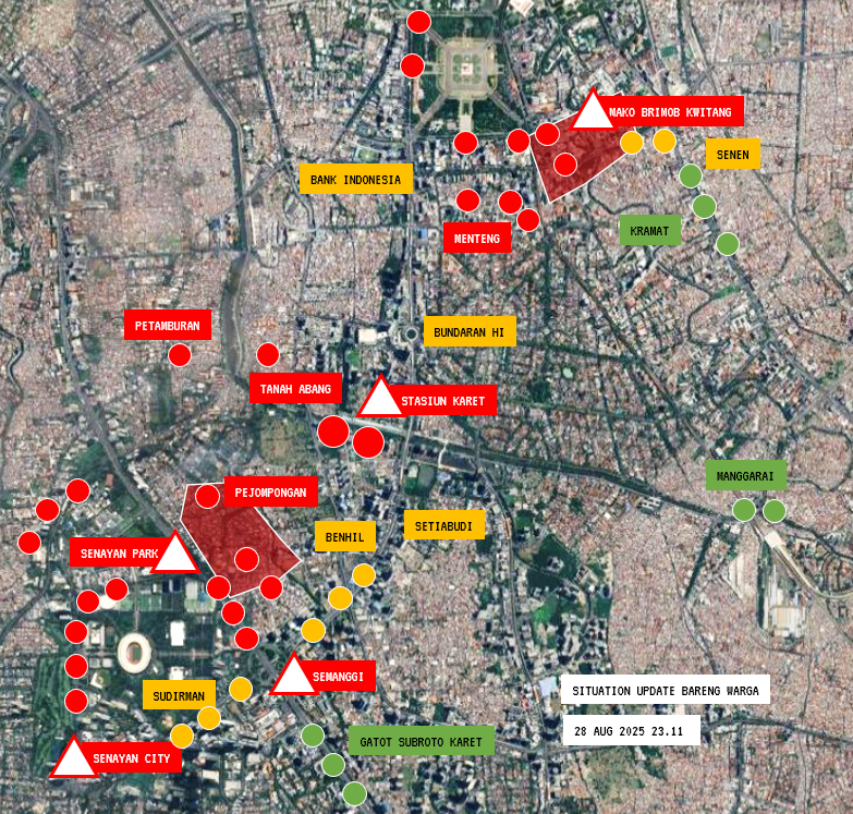 UPDATE LAPANGAN 23.11 - 28 AUG 25

HINDARI AREA PEJOMPONGAN DAN KWITANG

PETA KAMI PERLUAS. 

HINDARI DAERAH MERAH. JIKA ANDA ADA DI DAERAH MERAH, TINGKATKAN WASPADA, JAGA DIRI, JAGA SESAMA, JANGAN SENDIRIAN.  

SITUASI TERUS BERUBAH, JANGAN JADIKAN TWEET INI SEBAGAI SATU-SATUNYA