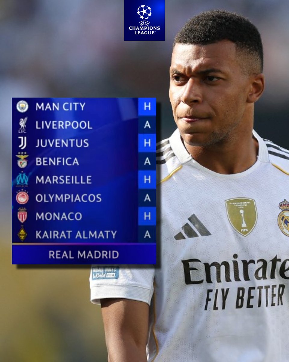 InvictosSomos's tweet photo. Con ustedes, los 8 RIVALES DEL REAL MADRID en la Fase de la Liga de la Champions League. El club más grande de la historia volverá a enfrentarse al Manchester City y al Liverpool en la Copa de Europa.