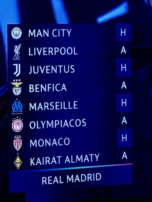 A screen displaying a Champions League draw list. Manchester City, Liverpool, Juventus, Benfica, Marseille, Olympiacos, Monaco, and Kairat Almati logos are shown next to Real Madrid. Text indicates matchups with Real Madrid, labeled as home (H) or away (A).