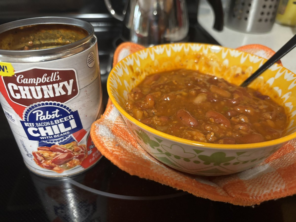 Not as good as the Beer Cheese Potato Soup but a solid canned chili.

<a href="/PabstBlueRibbon/">Pabst Blue Ribbon</a> <a href="/CampbellsChunky/">Campbell's Chunky</a>