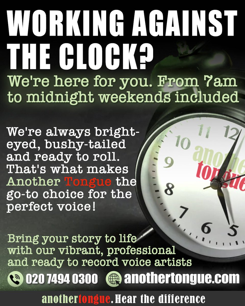 At #anothertongue we understand tight deadlines. So when the pressure's on, we'll be here to help you.
With an #amazing roster of artists, many with their own home #studios finding that perfect #voice is only ever one call away.

Another Tongue. Hear the #difference 

#Audio