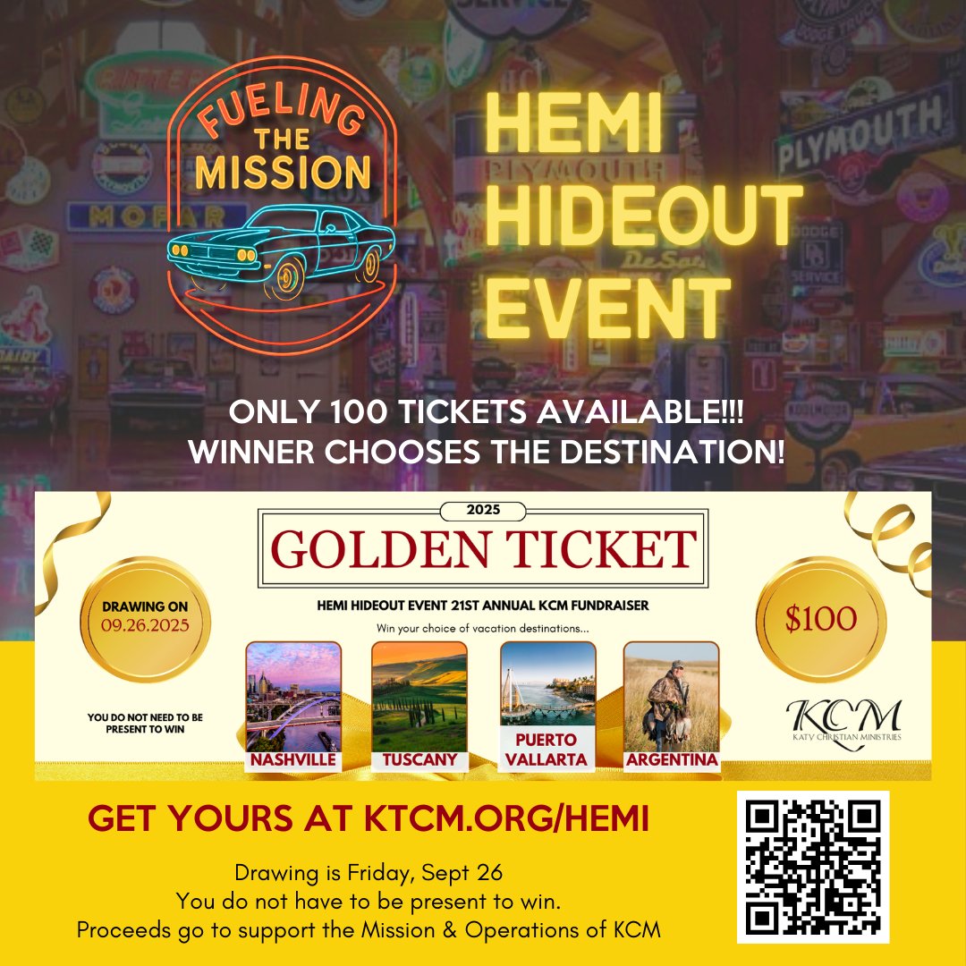 🎟️ KCM’s Golden Ticket Giveaway – Win the Trip of a Lifetime &amp; Support a Powerful Mission! ✨

🎫 Get your ticket today and be a part of something life-changing — for you and for others.
ow.ly/IBjT50WN8yC

#GoldenTicket #HEMIHideout #SupportKCM #KatyTX #CommunityImpact