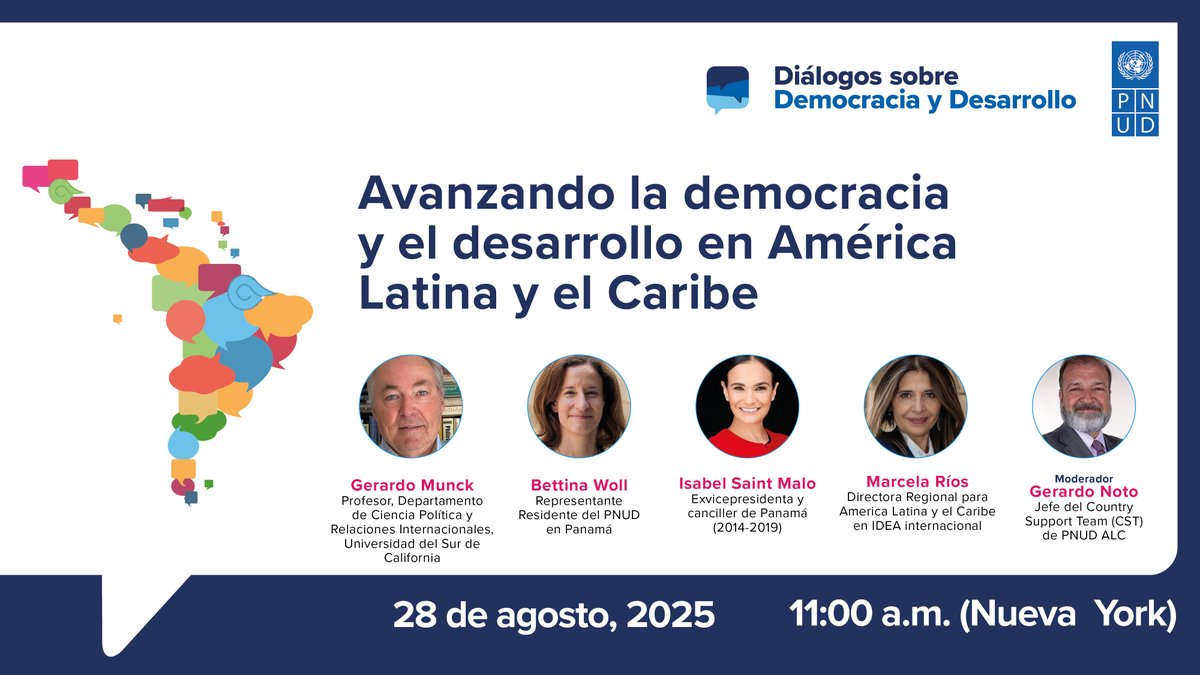 PNUD América Latina y el Caribe (@pnudlac) on Twitter photo 📣¡EN UNA HORA!
La historia del <a href="/pnud/">ONU Desarrollo</a> es también la historia sobre cómo hemos acompañado a los países en sus procesos democráticos.
¿Qué hemos aprendido?
Nueva edición de #DiálogosPNUD: <a href="/MunckGerardo/">Gerardo Munck</a>, <a href="/BettinaWoll/">Bettina Woll</a>, <a href="/IsabelStMalo/">Isabel de Saint Malo</a>, <a href="/mriost/">Marcela Rios Tobar 💚💜</a> y <a href="/gnoto62/">Gerardo NOTO</a> 🔗 go.undp.org/wQx 📣¡EN UNA HORA!
La historia del <a href="/pnud/">ONU Desarrollo</a> es también la historia sobre cómo hemos acompañado a los países en sus procesos democráticos.
¿Qué hemos aprendido?
Nueva edición de #DiálogosPNUD: <a href="/MunckGerardo/">Gerardo Munck</a>, <a href="/BettinaWoll/">Bettina Woll</a>, <a href="/IsabelStMalo/">Isabel de Saint Malo</a>, <a href="/mriost/">Marcela Rios Tobar 💚💜</a> y <a href="/gnoto62/">Gerardo NOTO</a> 🔗 go.undp.org/wQx