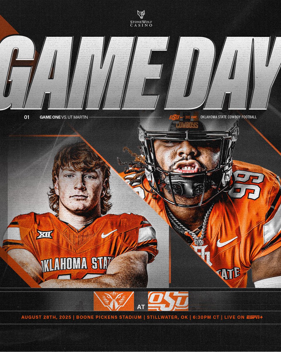 OSU Cowboy Football (@cowboyfb) on Twitter photo The wait is over. Itβs GAME DAY π€ 
Vs.  UT Martin
β° 6:30 p.m. Ct
ποΈ Boone Pickens Stadium
πΊ ESPN+
π» okla.st/GetVarsity The wait is over. Itβs GAME DAY π€ 
Vs.  UT Martin
β° 6:30 p.m. Ct
ποΈ Boone Pickens Stadium
πΊ ESPN+
π» okla.st/GetVarsity