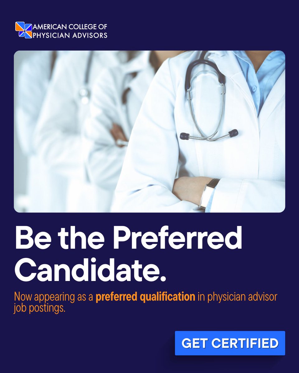 American College of Physician Advisors (@amercollphyadv) on Twitter photo ACPA certification is being recognized by leading healthcare organizations as a preferred qualification for physician advisors. Strengthen your credentials and stand out in your career.
📄 Learn more about becoming ACPA-Certified: acpadvisors.org/acpa-certifica… ACPA certification is being recognized by leading healthcare organizations as a preferred qualification for physician advisors. Strengthen your credentials and stand out in your career.
📄 Learn more about becoming ACPA-Certified: acpadvisors.org/acpa-certifica…