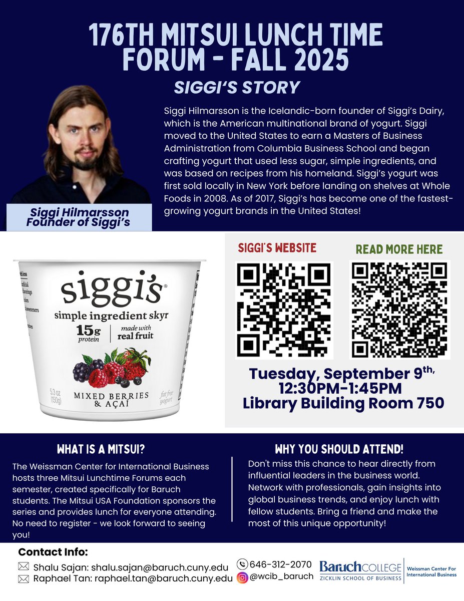 Weissman Center (@wcibatbaruch) on Twitter photo From Iceland to Whole Foods ๐ฎ๐ธโก๏ธ๐บ๐ธ
Siggi Hilmarsson, founder of Siggiโs Yogurt, shared how a taste of home became a top U.S. brand, simple, low sugar, true to tradition.
Hosted by <a href="/WCIBatBaruch/">Weissman Center</a> at #BaruchCollege. From Iceland to Whole Foods ๐ฎ๐ธโก๏ธ๐บ๐ธ
Siggi Hilmarsson, founder of Siggiโs Yogurt, shared how a taste of home became a top U.S. brand, simple, low sugar, true to tradition.
Hosted by <a href="/WCIBatBaruch/">Weissman Center</a> at #BaruchCollege.