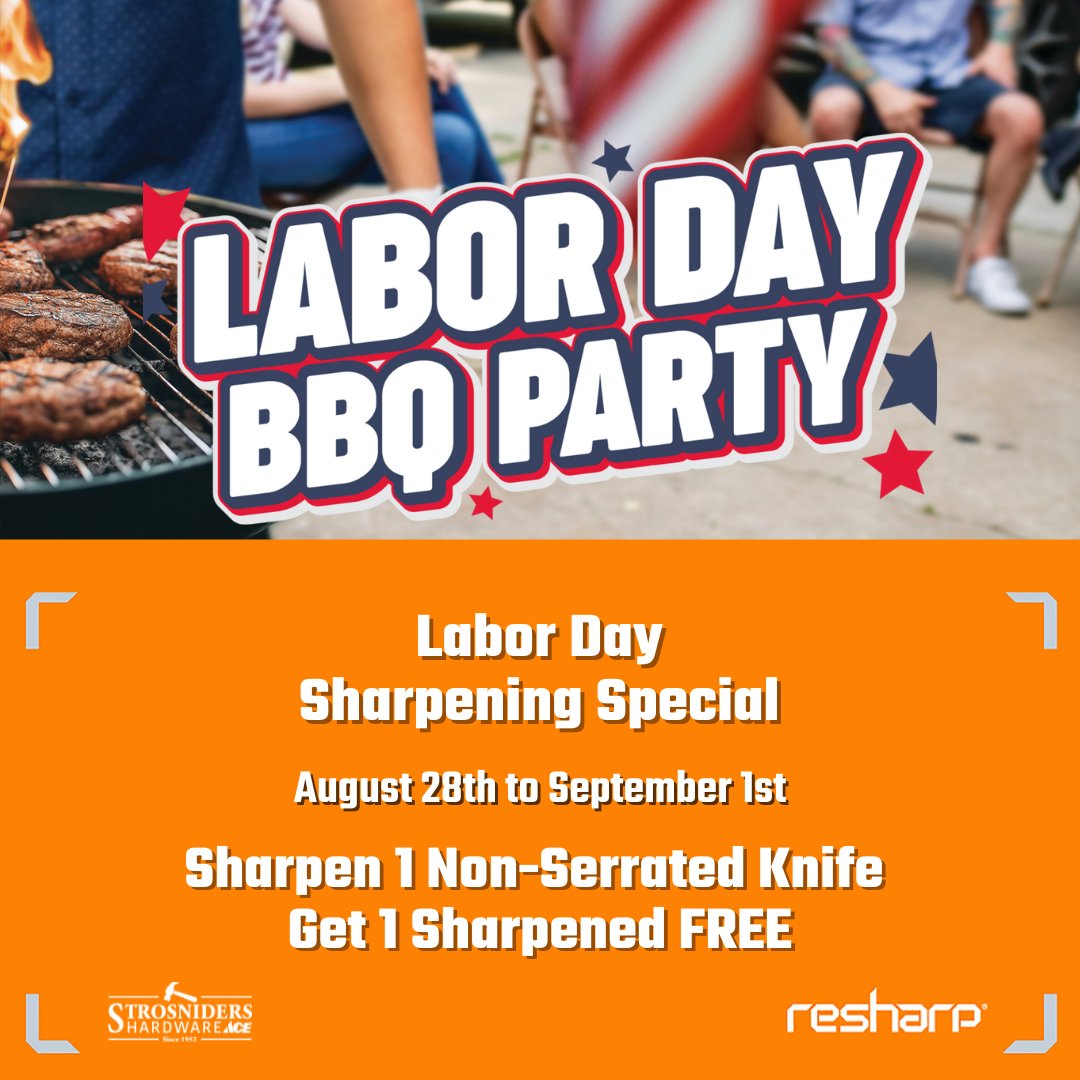 strosniders's tweet photo. Kick off Labor Day weekend and the start of Fall grilling with the sharpest knives on the block. Stop by Strosniders this weekend for our Buy One Get One FREE knife sharpening special! https://t.co/CZcbQkTzY6