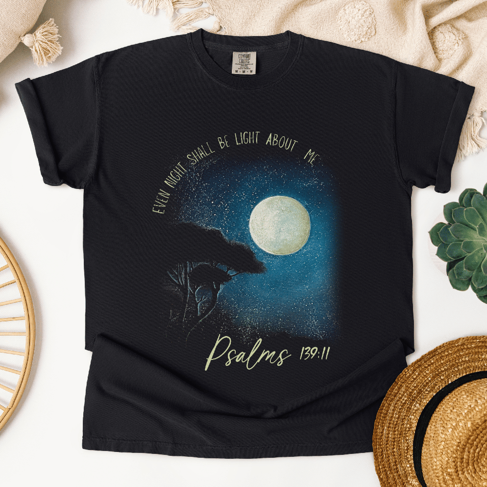TrueLightDesign's tweet image. My younger sister, Bridget, painted this scene on a canvas. I simply created an image of it, edited it in Photoshop and placed it on a black comfort colors t-shirt. Psalm 139:11 seemed perfect for this night scene! truelightdesigns.shop