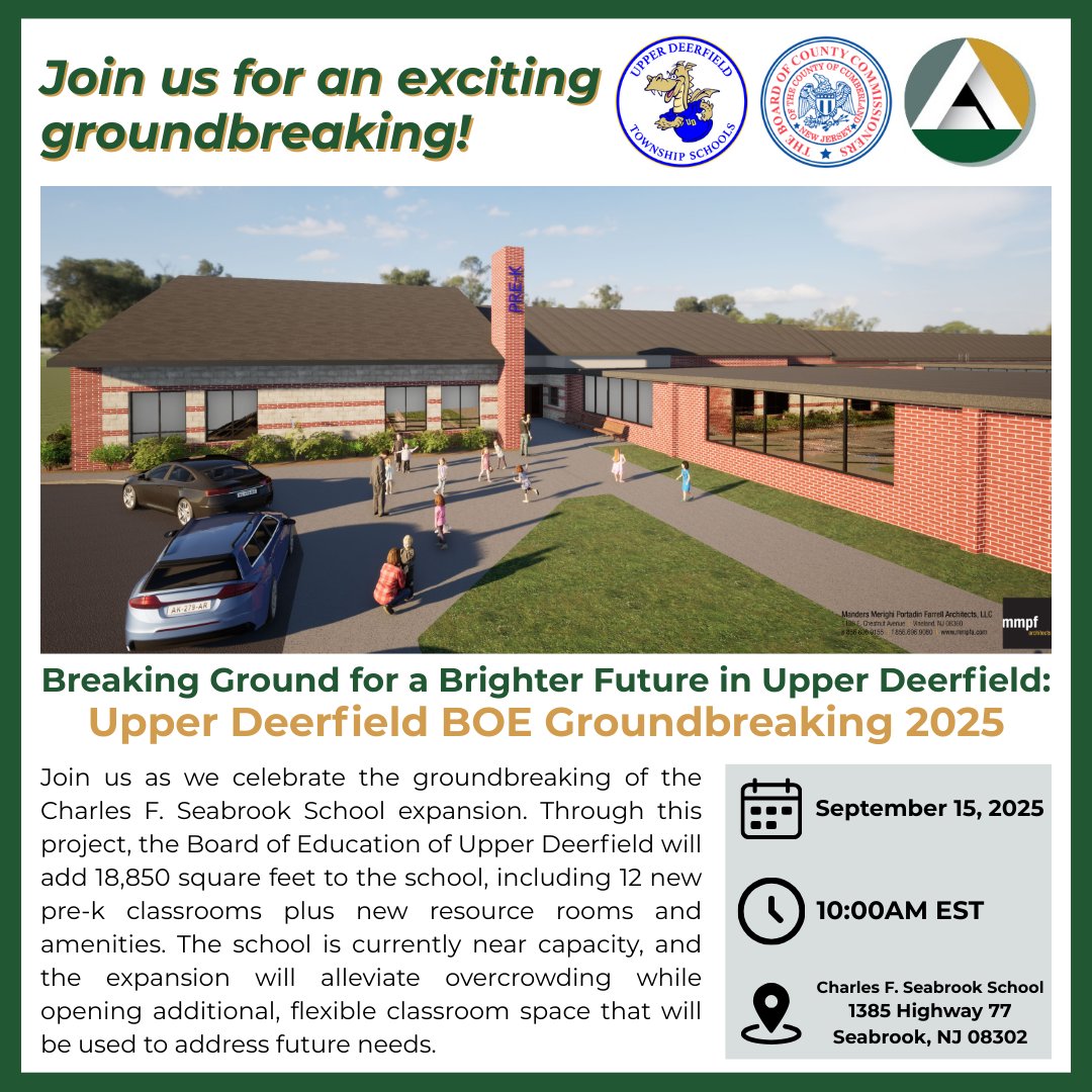 Join us for another exciting groundbreaking, as we celebrate the expansion of the Charles F. Seabrook School on Monday, September 15 at 10:00am at 1385 Highway 77, Seabrook, NJ 08302.🍎