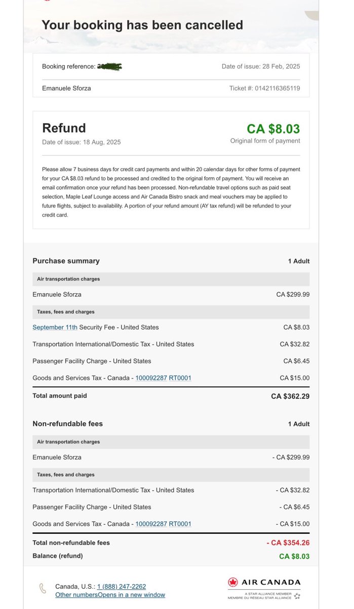 ⁦<a href="/AirCanada/">Air Canada</a>⁩ made many claims to customers leading up to &amp; during the recent strike! This is how they are recouping millions they lost! Comfort fare paid $362. Refund $8. Fire CEO Now!! ⁦<a href="/globeandmail/">The Globe and Mail</a>⁩ ⁦<a href="/CBCNews/">CBC News</a>⁩ ⁦<a href="/CTVNews/">CTV News</a>⁩ ⁦<a href="/globalnews/">Globalnews.ca</a>⁩ ⁦<a href="/CP24/">CP24</a>