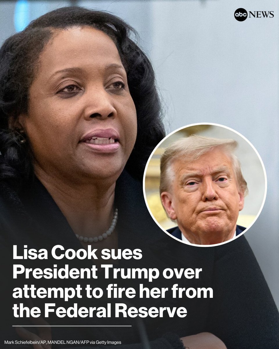 ABC News (@abc) on Twitter photo Federal Reserve governor Lisa Cook has sued President Trump over his attempt to fire her from the Board of Governors, challenging the effort and asking a judge to block it. abcnews.link/L9zYeDL Federal Reserve governor Lisa Cook has sued President Trump over his attempt to fire her from the Board of Governors, challenging the effort and asking a judge to block it. abcnews.link/L9zYeDL