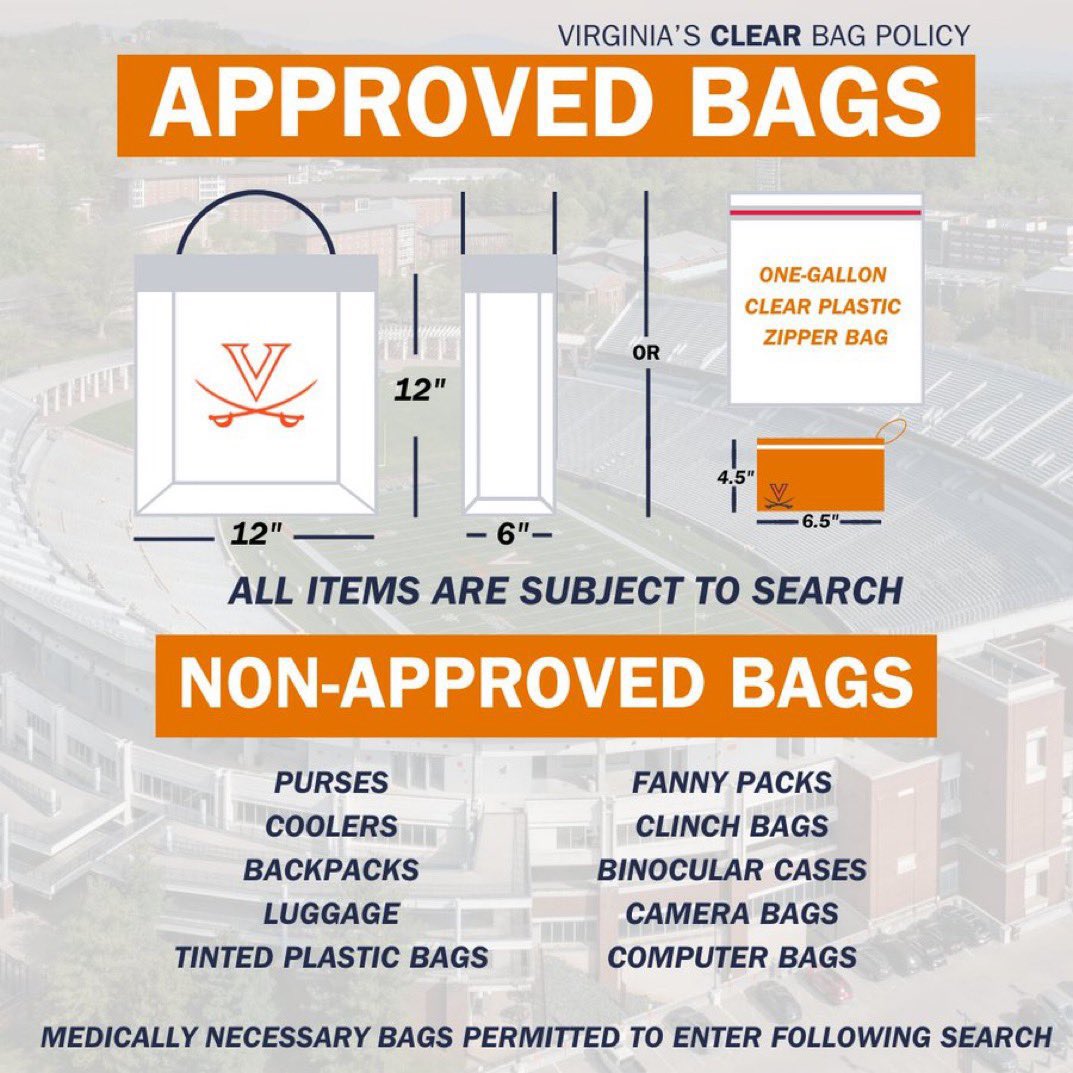 Only two days until we’re back in Scott Stadium! Remember that the UVA Clear Bag Policy will be in effect. Plan ahead for your game day needs! #UVAFootball