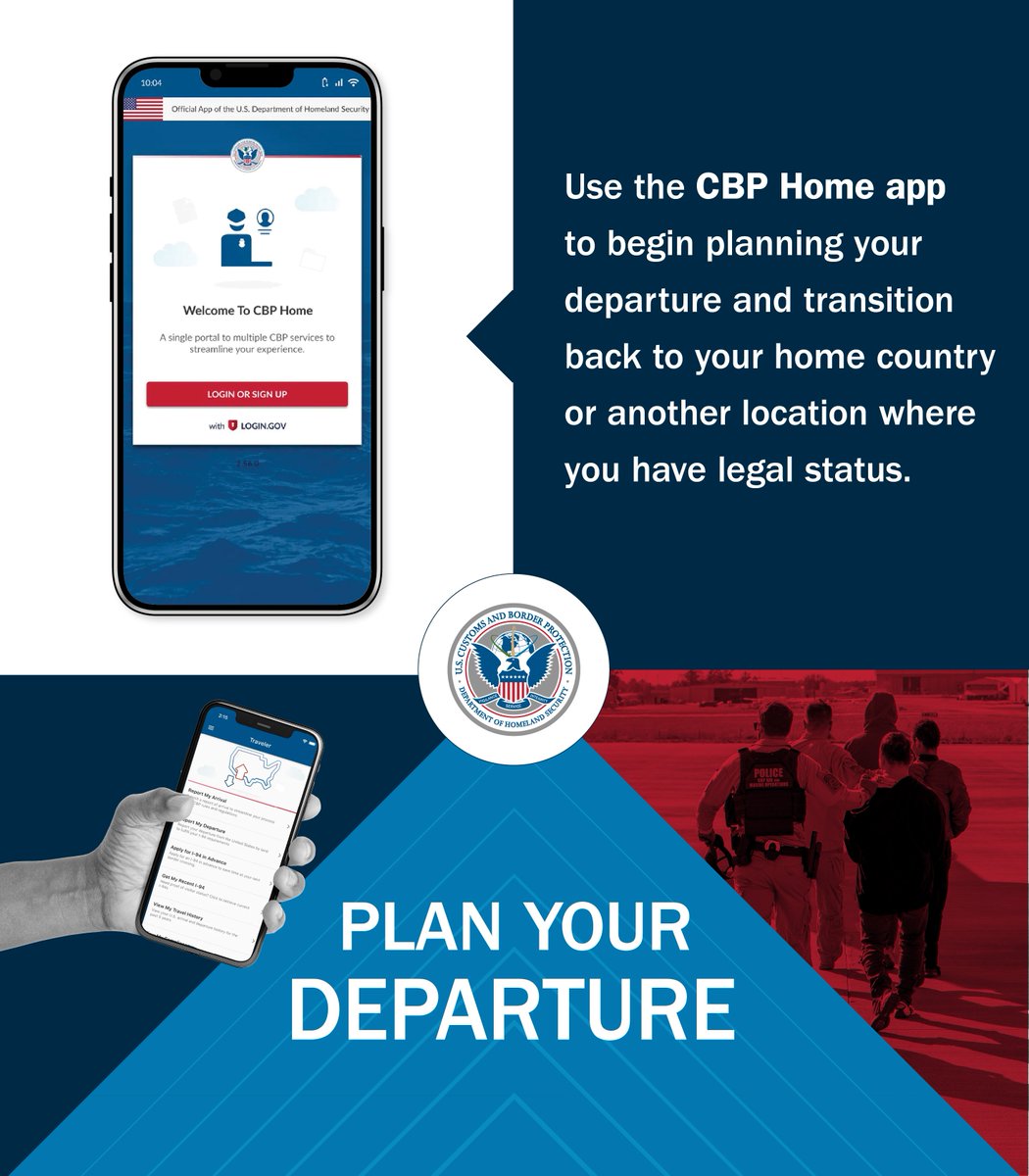 The <a href="/CBP/">CBP</a> Home app offers a simple way to voluntarily depart if you’re in the U.S. illegally. Take control of your situation now to avoid enforcement actions that could impact future opportunities. #CBPHome

Visit: dhs.gov/cbphome