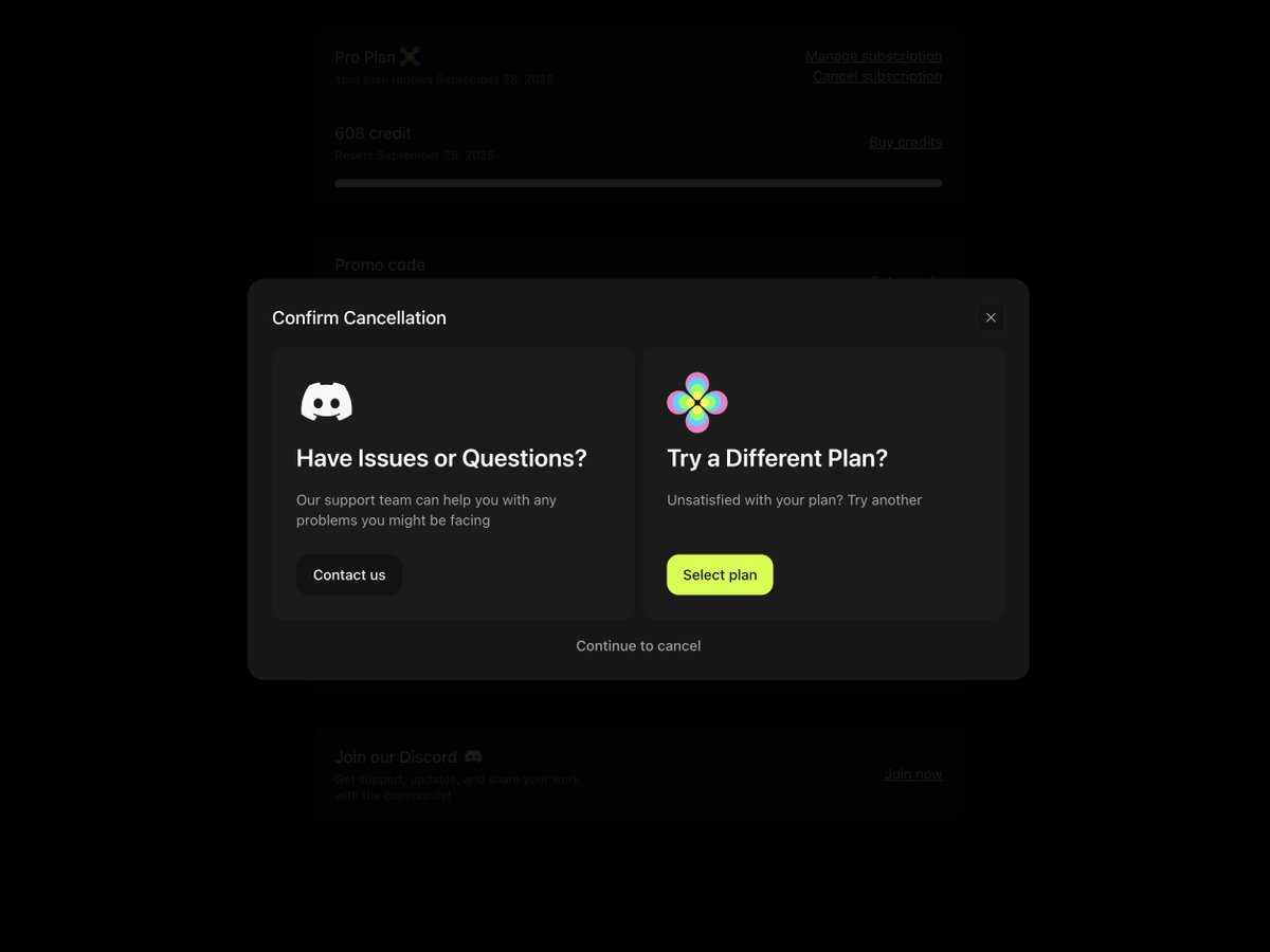 alex_barashkov's tweet image. Subscription cancellation UX from @higgsfield_ai. Nothing could speak more to the fact that your product is a scam than the four cancellation subscription popups you have to get through.