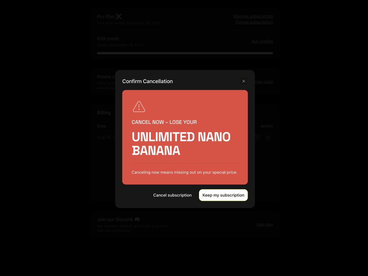 alex_barashkov's tweet image. Subscription cancellation UX from @higgsfield_ai. Nothing could speak more to the fact that your product is a scam than the four cancellation subscription popups you have to get through.