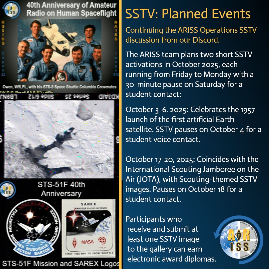 ARISS_Intl's tweet photo. Yesterday we started a multi-day discussion on SSTV operations.

Today, we share two planned short events for October.  Our  Ops team is leading a discussion on image rotation for them and others in Discord.

Jump into the conversation:

https://t.co/6hrDF1dyFw https://t.co/e7oMKdC17P
