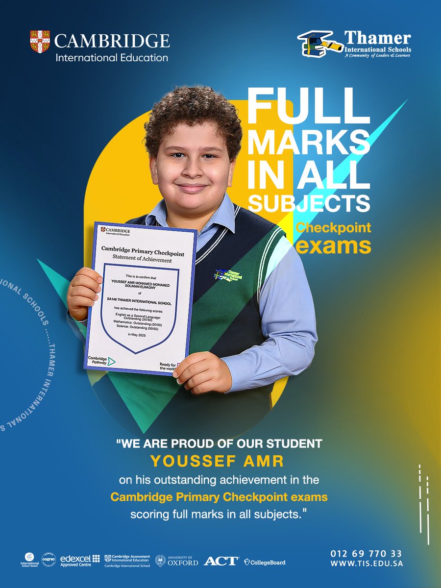 A big applause to our outstanding student, Yousef Amr, for scoring full marks in all subjects in the Cambridge Primary Checkpoint Exam! 🌟 Your hard work inspires us all.