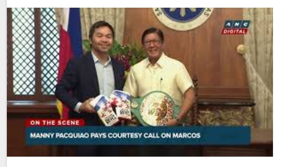 El multiple ex campeon mundial filipino y miembro del <a href="/BoxingHall/">Boxing Hall of Fame</a>  <a href="/MannyPacquiao/">Manny Pacquiao</a>  visito al Presidente filipino Ferdinand “Bongbong” Marcos Jr. en el Palacio Palasyo ng Malakanyang el jueves 28 de agosto y le entregó un cinturón de campeón del  <a href="/WBCBoxing/">World Boxing Council</a>