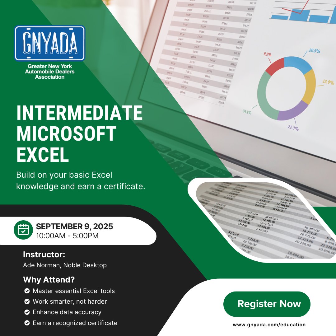 Take your Excel skills to the next level and earn a certificate with GNYADA!

📅 Tuesday, September 9, 2025
🕙 10:00 AM – 5:00 PM
📍 Center for Automotive Education &amp; Training

Register Now: bit.ly/4mZL1E3