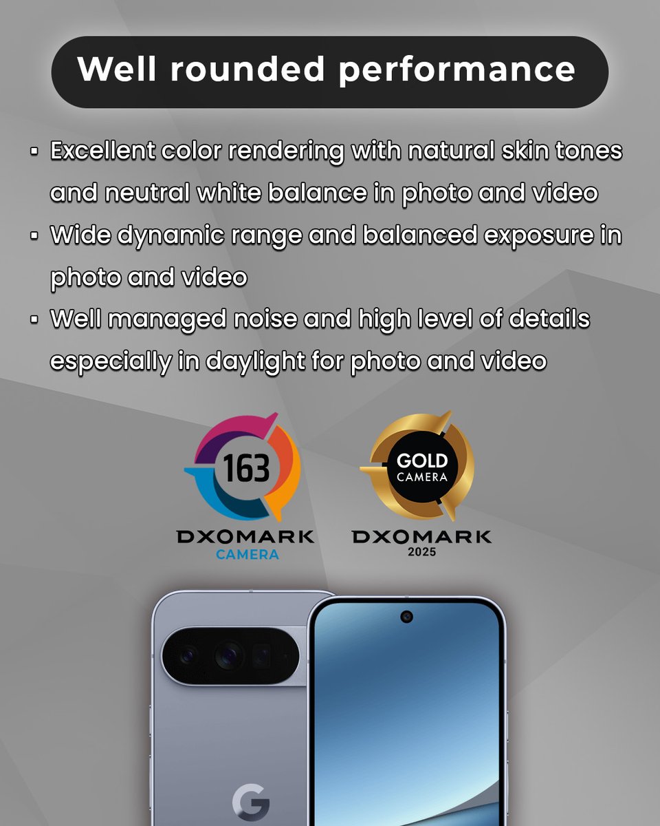 DXOMARK's tweet image. 📸 Google Pixel 10 Pro XL camera test results are in!
✅ Natural skin tones & colors
✅ Good detail in telephoto
✅ Wide dynamic range
🔗 Full test: bit.ly/4mz0NWF
#GooglePixel10ProXL #DXOMARK