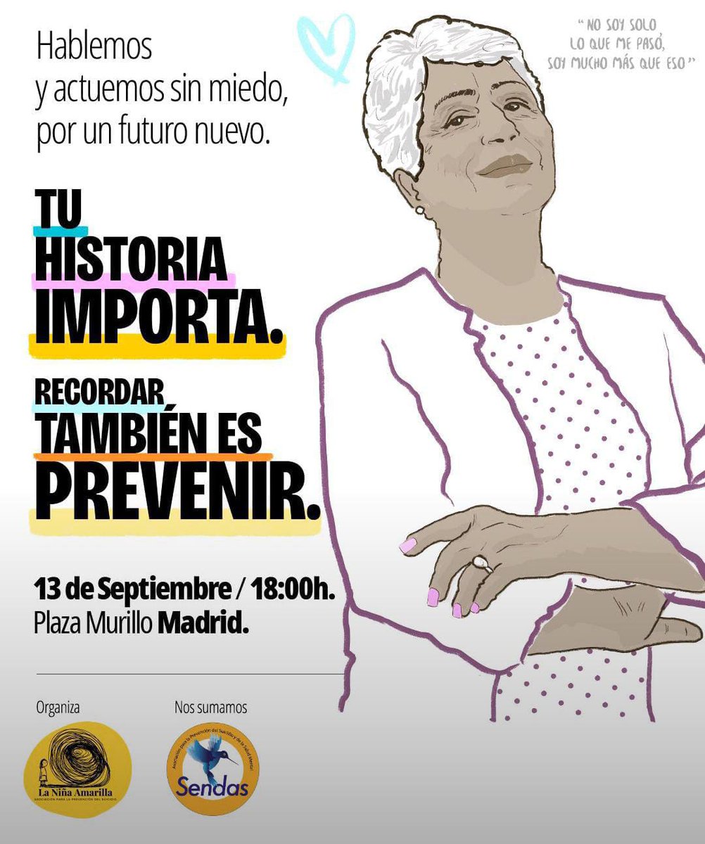 Manifestación para la #PrevenciónDelSuicidio 🎗️ 

Sábado 13 de Septiembre de 2025 - 18h, desde Plaza Murillo a Puerta del Sol (Madrid)
Contacta con la Asociación #LaNiñaAmarilla