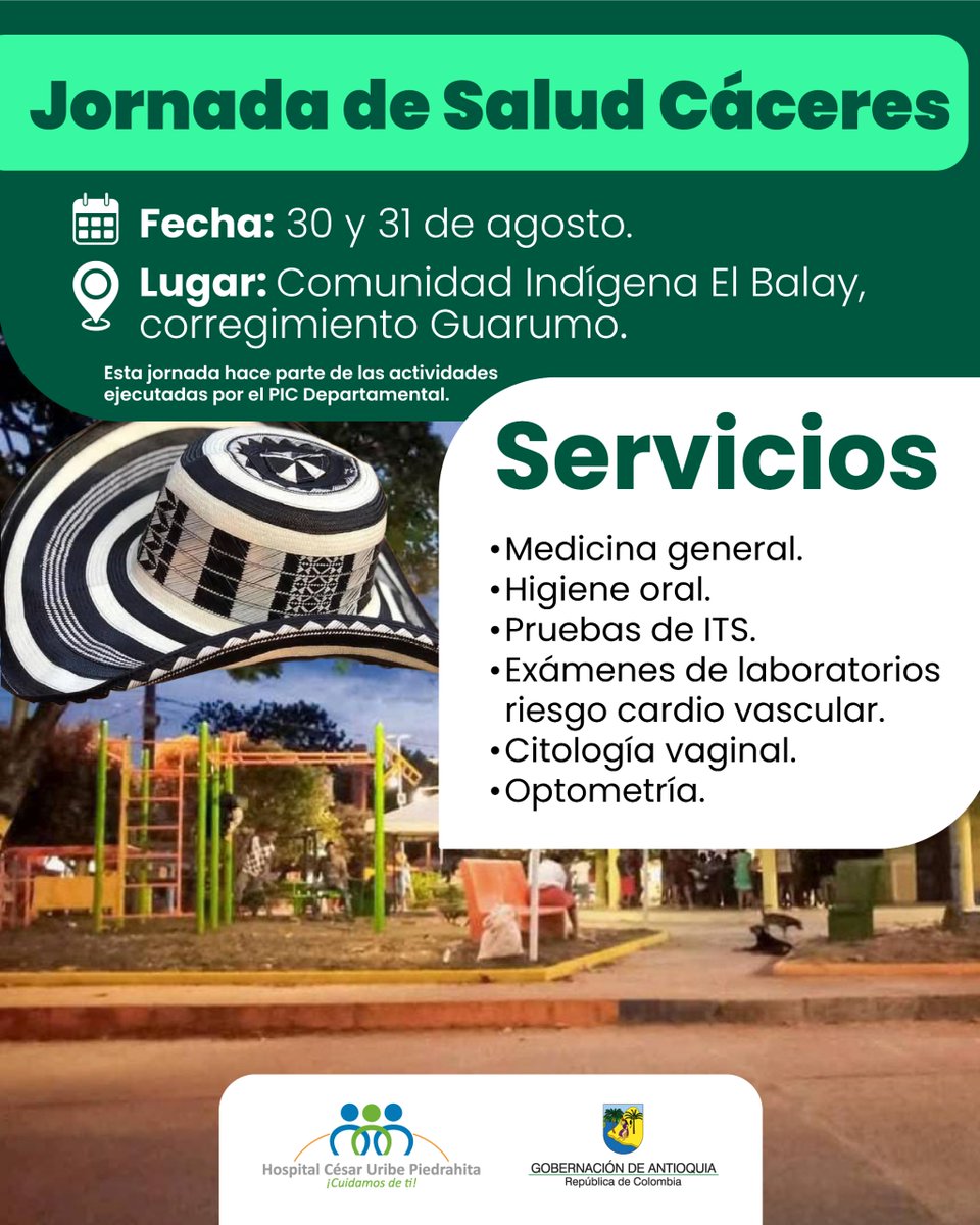 ¡Atención Cáceres!
Es el sábado 30 y el domingo 31de agosto.
Comunidad indígena El Balay.
<a href="/GobAntioquia/">Gobernación de Antioquia</a>