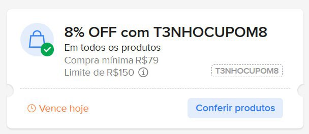 🚨 NOVO CUPOM MERCADO LIVRE

8% OFF em todos os produtos acima de R$79
🏷️ T3NHOCUPOM8

🏃‍♀️💨 ATIVE AQUI! 👇
➡️ mercadolivre.com/sec/1Cei4Ew

— limitado a R150 OFF