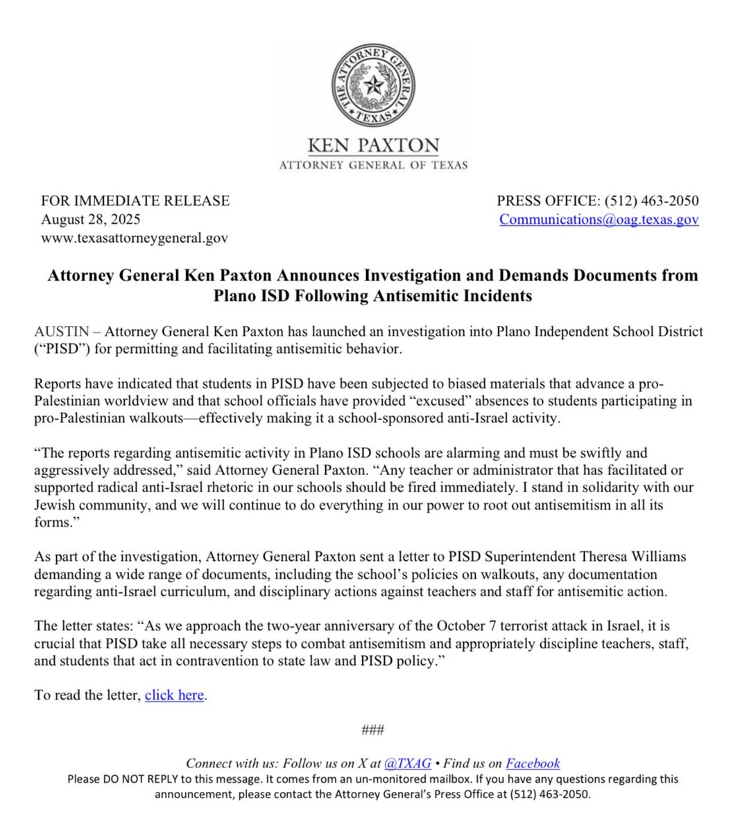 KenPaxtonTX's tweet image. BREAKING: I'm announcing an investigation and demanding documents from Plano ISD following several antisemitic incidents. 

Any teacher or administrator that has facilitated or supported radical anti-Israel rhetoric in our schools should be fired immediately.