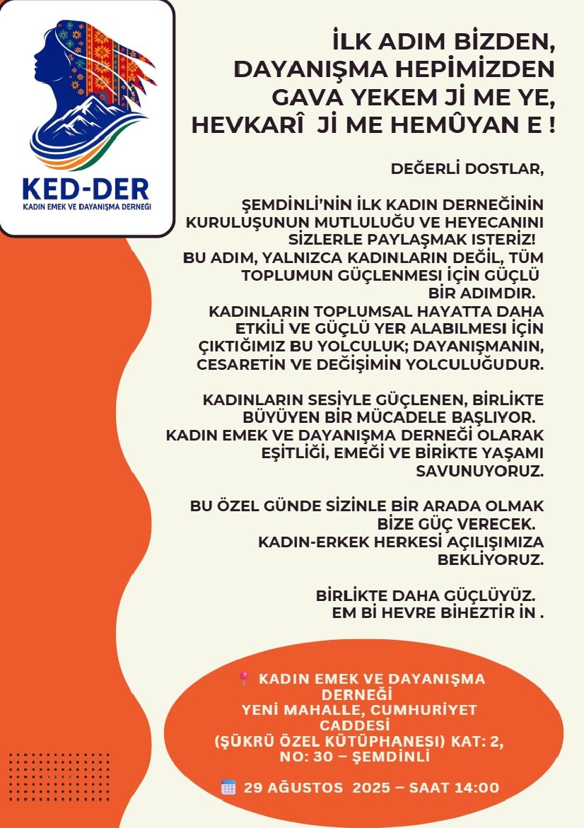 Çok uğraştık, çok emek verdik…
29.08.2025’te iki büyük açılışla umut büyütüyoruz:
✨ Esendere Belediyesi Kadın ve Aile Birimi – 10.00
✨ Şemdinli Kadın Emek ve Dayanışma Derneği – 14.00
Tüm halkımız davetlidir. 
<a href="/dirbazbuyuksu/">Dırbaz büyüksu</a> 
<a href="/esik_platform/">Eşitlik İçin Kadın Platformu</a> 
<a href="/kadinkoalisyonu/">Kadın Koalisyonu</a>